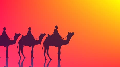 Animation-of-three-wise-men-on-camels-over-glowing-yellow-to-red-background