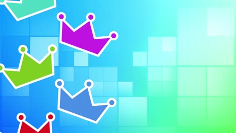Animation-of-colourful-falling-crowns-over-moving-squares