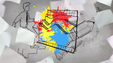 Animation-Farbenfroher-Grafiken-über-Einem-Mann,-Der-Treppen-Steigt
