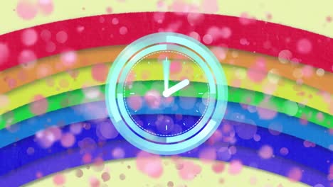 Animation-of-purple-falling-spots-over-rainbow-and-blue-clock