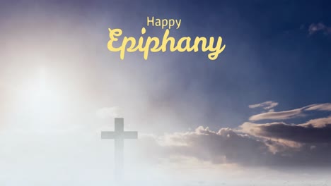 Animation-of-happy-epiphany-text-over-clouds-and-cross