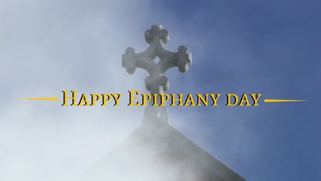 Animation-of-happy-epiphany-day-text-over-smoke-and-cross