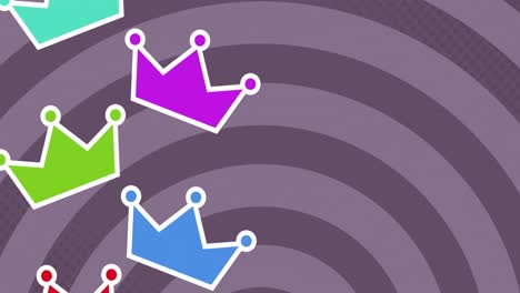 Animation-of-falling-colorful-crowns-over-stripes-purple-background
