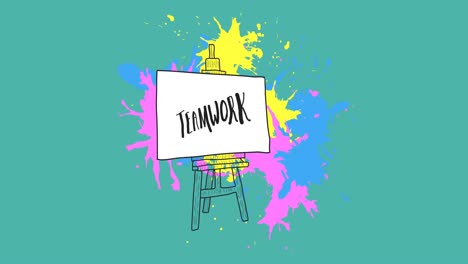 Animation-of-teamwork-text-on-canvas-and-paint-splodges-over-green-background