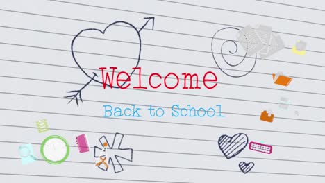 Animation-of-falling-school-items-and-welcome-back-over-white-background