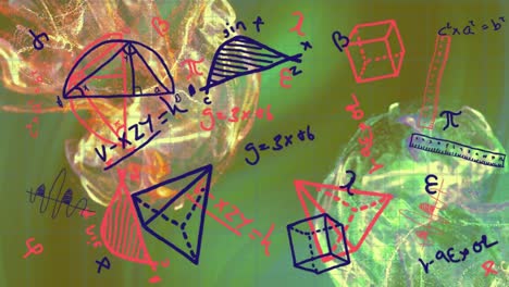 Animation-of-mathematical-drawing-and-energy-over-green-background