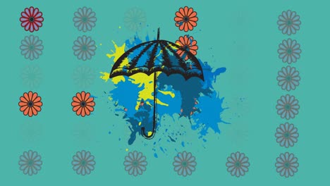 Animation-Eines-Regenschirms-über-Blumen-Auf-Grünem-Hintergrund