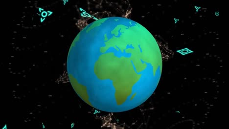 Animation-Des-Digitalen-Gehirns-über-Dem-Globus-Und-Grünen-Formen-Auf-Schwarzem-Hintergrund