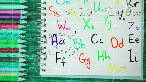 Animation-of-moving-mathematical-formulas-and-letters-over-crayons-and-notebook