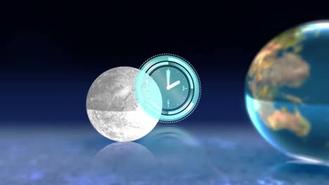 Animation-of-moving-clock-over-moon,-globe-and-sun-on-black-background