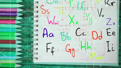 Animation-of-moving-mathematical-formulas-and-letters-over-crayons-and-notebook