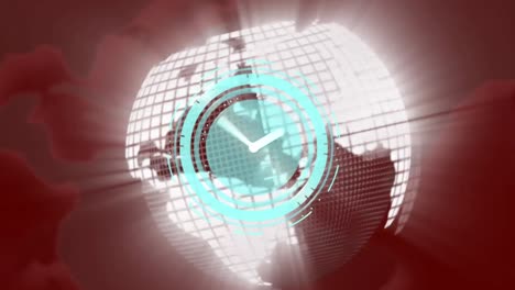 Animation-of-moving-clock-over-globe-on-red-background