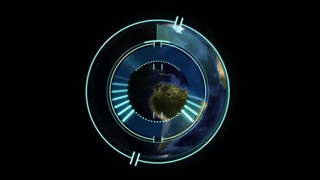 Animation-of-scope-scanning-and-lightning-over-globe-on-black-background