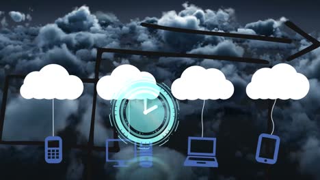 Animation-of-cloud-icons-and-clock-over-cloudy-sky