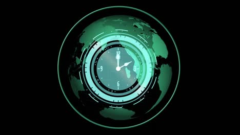 Animation-of-moving-clock-over-globe-on-black-background
