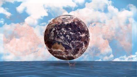 Animation-Des-Digitalen-Gehirns-Und-Des-Globus-über-Dem-Himmel-Mit-Wolken-Und-Meer