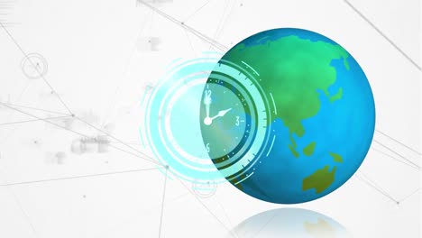 Animation-of-moving-clock-over-globe-and-networks-of-connections-on-white-background