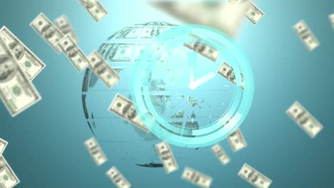 Animation-of-moving-clock-and-dollar-bills-falling-over-globe-on-blue-background