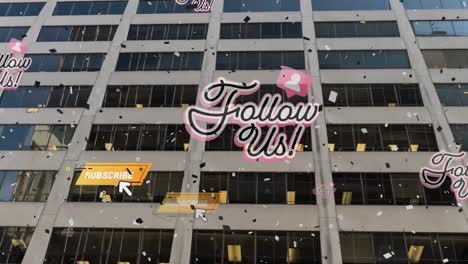 Animation-of-confetti-and-social-media-texts-over-building