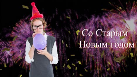 Animation-of-happy-new-year-text-over-fireworks-and-caucasian-woman-with-balloon