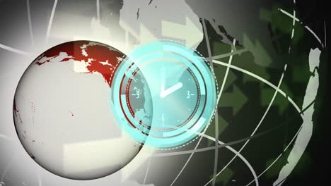 Animation-of-moving-clock-over-globe-on-black-background