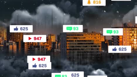 Animation-Von-Social-Media-Symbolen-Mit-Wachsenden-Zahlen-Im-Stadtbild