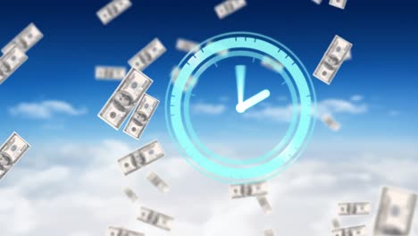 Animation-of-moving-clock-and-dollar-bills-falling-over-sky-with-clouds