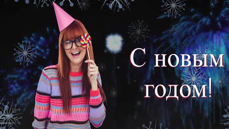 Animation-of-happy-new-year-text-over-fireworks-and-smiling-caucasian-woman