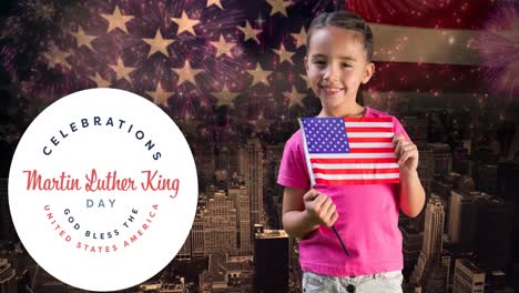 Animation-of-happy-martin-luther-king-day-text-over-happy-caucasian-girl-with-american-flag