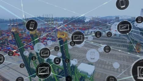 Network-of-digital-icons-against-aerial-view-of-the-port
