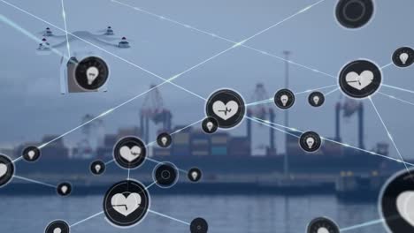 Animation-of-networks-of-connections-and-digital-drone-over-container-port
