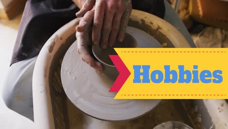 Animation-of-hobbies-text-over-hands-of-caucasian-woman-forming-pottery