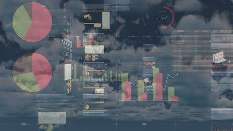 Zusammengesetztes-Video-Von-Bildschirmen-Mit-Statistischer-Datenverarbeitung-Vor-Wolken-Am-Blauen-Himmel