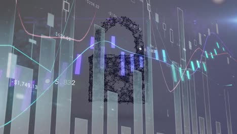 Animation-of-financial-data-processing-and-padlock-on-blue-background
