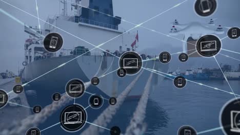 Network-of-digital-icons-and-drone-carrying-a-delivery-box-against-a-ship-in-the-sea