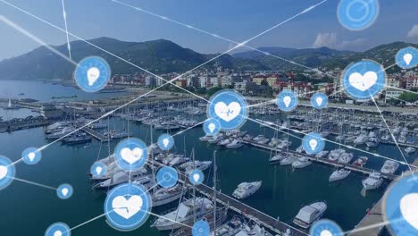 Network-of-digital-icons-against-aerial-view-of-the-port-harbor