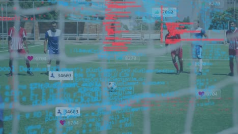 Animation-of-data-processing-and-media-icons-over-diverse-group-of-soccer-players