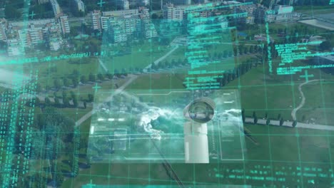 Animation-Der-Datenverarbeitung-Und-Digitaler-Bildschirme-über-Dem-Stadtbild