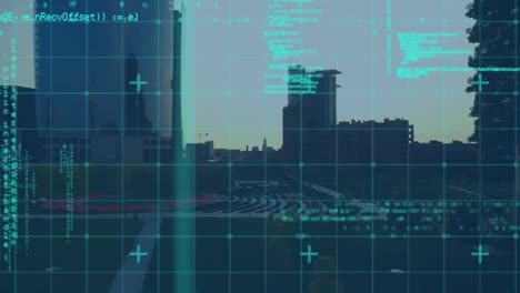 Animation-Der-Datenverarbeitung-Und-Blaue-Linien-über-Dem-Stadtbild