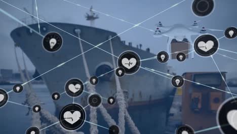 Netzwerk-Aus-Digitalen-Symbolen-Und-Drohne,-Die-Eine-Lieferbox-Gegen-Ein-Schiff-Im-Meer-Trägt