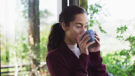 Portrait-of-relaxed-biracial-woman-drinking-coffee,-standing-at-window,-looking-into-distance