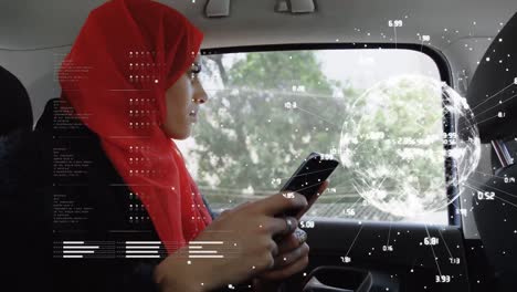 Animation-of-financial-data-processing-and-globe-over-biracial-woman-in-car-using-smartphone