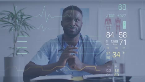 Animation-of-data-processing-over-african-american-male-doctor