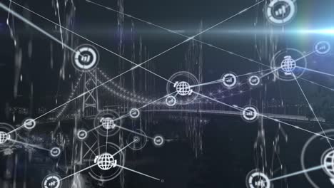 Animation-of-network-of-connections-with-media-icons-on-black-background