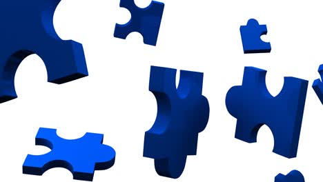 Animation-of-blue-pieces-of-puzzle-falling-on-white-background