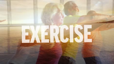 Animation-of-sea-over-senior-diverse-people-exercising