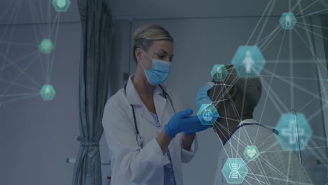 Animation-of-networks-of-connections-over-diverse-doctor-and-patient-wearing-face-masks