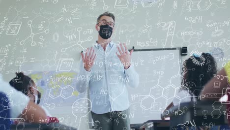 Animation-of-chemical-equations-over-diverse-schoolchildren-and-teacher-wearing-face-masks