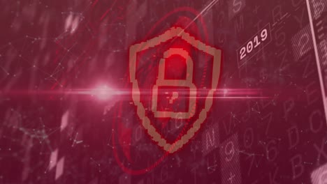 Animation-of-padlock-and-financial-data-processing-over-red-background