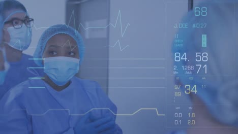 Animation-of-data-processing-over-diverse-doctors-wearing-face-masks